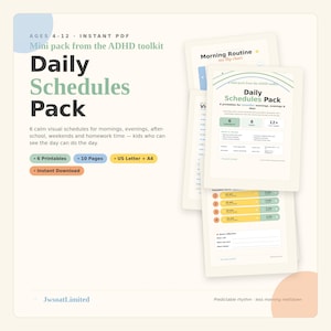 Könnte beinhalten: Ein digitaler Download mit dem Titel "Daily Schedules Pack" für Kinder im Alter von 4-12 Jahren. Das Paket enthält 6 druckbare Zeitpläne, 10 Seiten und ist in den Größen US Letter und A4 erhältlich. Das Design ist hell mit Pfirsich- und Blautönen.