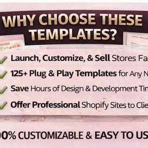 以下が含まれることがあります： 「WHY CHOOSE THESE TEMPLATES?」のテキストと、Launch, Customize, & Sell Stores Fast、125+ Plug & Play Templates for Any Niche、Save Hours of Design & Development Time、Offer Professional Shopify Sites to Clientsの箇条書きがあるピンクと茶色のグラフィック。テキスト「100% CUSTOMIZABLE & EASY TO USE」も表示されています。