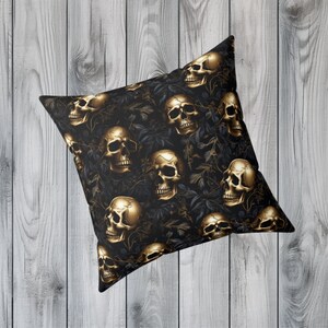 Black and Gold Skulls Halloween Square Pillow, Halloween Décor, Decorative Cushion Cover, Gothic Pillow, Gift For Her, Pillow Cushion Gift