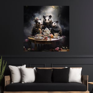 Whimsical Gothic Opossum Tea Party Aluminum Print, Home Décor, Victorian, Witchy Aesthetic, Gothic Art, Vintage Wall Art, Cottagecore, Gift