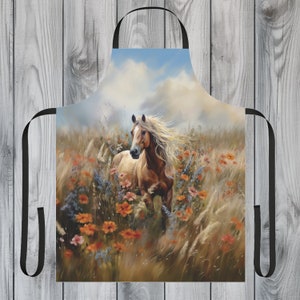 Whimsical Floral Horse Kitchen Apron, Apron Gift, Crafting Apron, Gift for Her, Horse Apron, Equestrian Gift, Wildflowers, Chef Apron