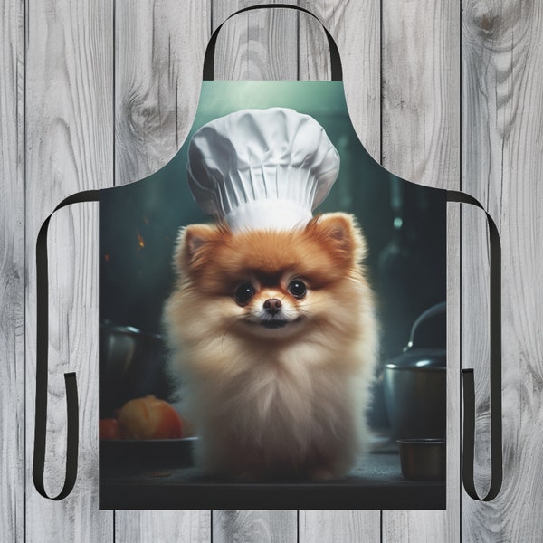 Chef Pompoms, Funny Culinary Pomeranian Dog Kitchen Apron Gift, funny gift, Funny Pomeranian, Gift for Him, Gift For Her, Apron (AOP)