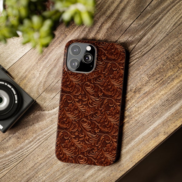 Faux Leather Look Western Tooled Filigree Design phone case for iPhone, iPhone 14, iPhone 11, iPhone 13, Slim Phone Cases