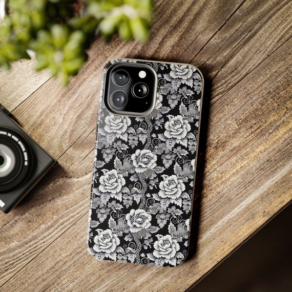 Black and White Floral Lace Tough iPhone Case, iPhone 14, iPhone 11, iPhone 13, Cute Phone Case, Feminine Aesthetic Phone Case, Gift For Her