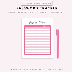Password Tracker Printable & Fillable, Password Keeper, Password Organizer, Password Log, A4/A5/Letter/Half, Instant Download PDF, Pink