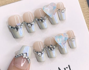 French Tip Press On Nail Pink Coffin Shape Fake Nail Handmade Luxury Nails Heart Crystal Presson Nail Shining Cute Nails Summer Party Outfit