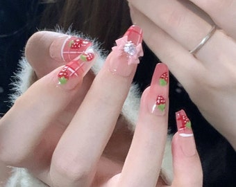 Strawberry Press On Nails Handmade French Tip Press on Nails Kawaii Summer Fake Nails Red Press On Nails for party