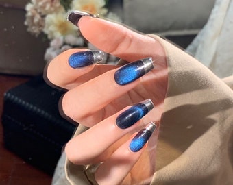 Blue Cat Eye Press On Nails Sliver Franch Tip Nails Chrome Press On Nails Handmade Nails Gift for Her Cool girl nails
