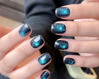 Black short Press on nails Black glitter cat eye press on nails short blue cool girl nails