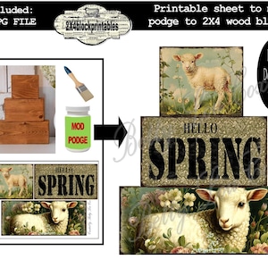 Lamb Blocks , Spring Sign , Printable Decoupage Sheet , Mod Podge , DIY Vintage Craft Project , 2X4 Wooden Blocks , Giftable , Sheep Blocks