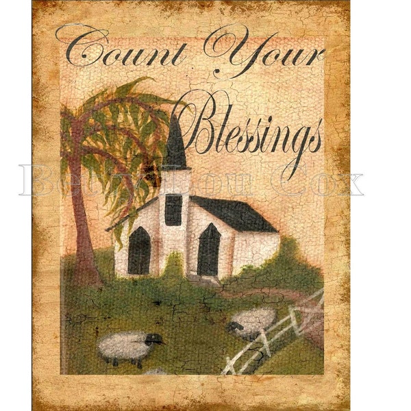 Primitive Church Printable , Great labels , tags , framing  and cardmaking , Instant Download  , Digital , Sheep , Count Your Blessings  DIY