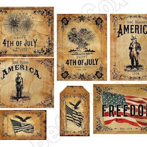 Peut inclure: Plusieurs impressions de style vintage sur le thème du 4 juillet. Les impressions présentent des images patriotiques, notamment des feux d'artifice, le drapeau américain et l'Oncle Sam. La palette de couleurs est principalement marron, beige et rouge, avec des bordures florales décoratives et du texte.
