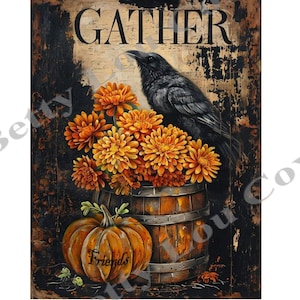Pumpkin Print , Primitive , Gather Friends , Crow , Flowers , Greeting Card , Labels , Paper Crafts , Instant Download , Digital , Halloween