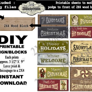 Bloques navideños, letrero de madera, manualidades de 2 x 4, imprimible, para colocar en estanterías, regalo para hacer uno mismo, decoupage, digital, 12 diseños, vintage, Papá Noel, alegría