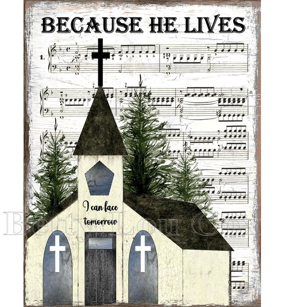 Printable Church Print , Music Sheet , French Farmhouse , Labels , Instant Download , Digital , DIY Gift , Because He Lives , Religious