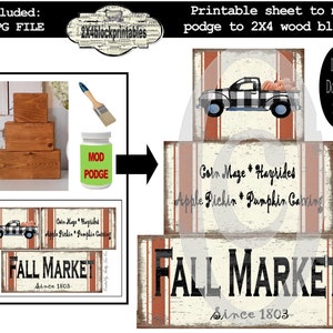 Könnte beinhalten: Druckbare Vorlage mit drei Designs für ein Herbstmarkt-Schild. Das obere Design zeigt einen schwarz-weiß karierten Pickup mit Kürbissen in der Ladefläche. Das mittlere Design lautet "Corn Maze * Hayrides Apple Pickin * Pumpkin Carving". Das untere Design lautet "FALL MARKET Since 1803".