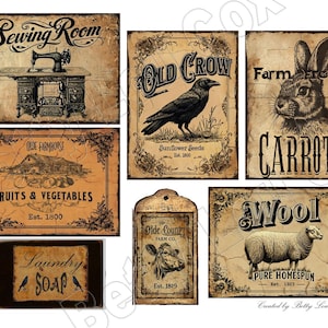 May include: A set of eight vintage-style printable signs with distressed brown backgrounds and black text. The signs feature various themes, including sewing, farming, laundry, and wool. The text on the signs includes "Sewing Room", "Old Crow", "Farm Fresh", "Carrots", "Fruits & Vegetables", "Wool", "Laundry Soap", and "Olde Country Farm Co."