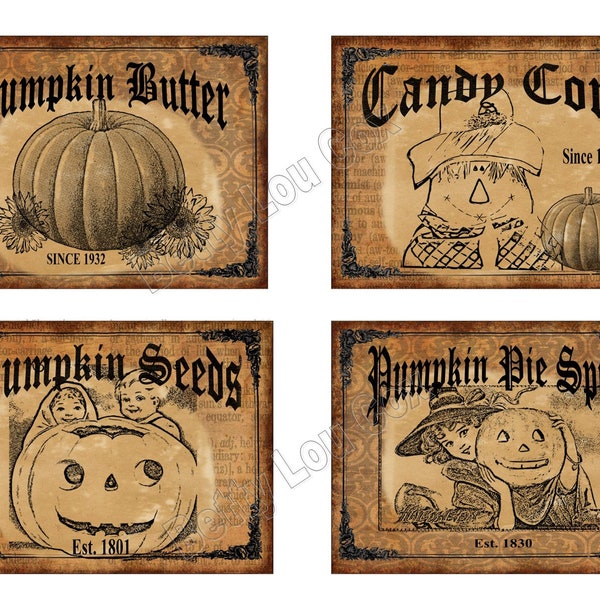 Primitive Fall Pumpkin Labels for pantry jars cans crocks bottles tins boxes , Halloween , Junk Journal , Scrapbooking , DIY , Witch , Prim