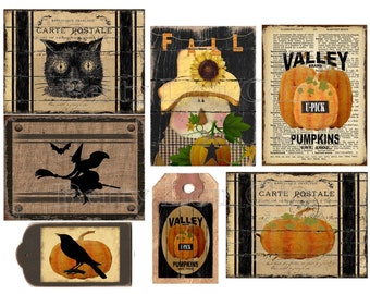 No.038 Primitive Labels , Pumpkin , Crow for pantry jars cans bottles tins boxes , Farmhouse , Junk Journal , Card Making Tags , DIY gifts
