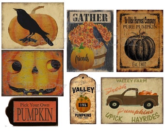 May include: A collection of vintage-style signs with a fall theme. The signs feature pumpkins, crows, and trucks. The text on the signs includes "Gather", "Ye Olde Harvest Company", "Pure Pumpkin", "Friends", "Valley Farm", "Fresh", "U-Pick Pumpkins", "Pick Your Own Pumpkin", and "Upick Hayrides".