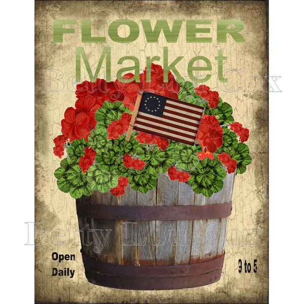 Americana Print , Flower Sign , Geraniums , Pillow Transfer , Labels , Tea Towels , Instant Download , Digital , American , Folk Art , Prim