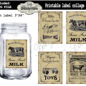 May include: Printable label collage sheet with four vintage-style labels. The labels feature illustrations of cows, a wagon, and a pie. The text on the labels includes "Farm Fresh Milk", "Biscuit Mix", "Wagner Toys", and "Standard Evaporated or Compressed Mince Pies".