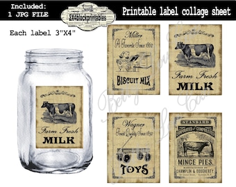 Labels Printable , Vintage Download , Cows Wagon and Flour Ads for pantry jars cans crocks bottles tins boxes , iron on transfer farmhouse