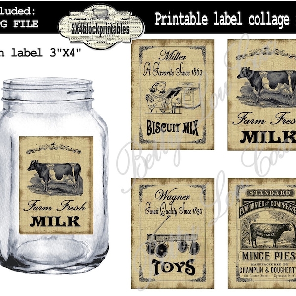 Labels Printable , Vintage Download , Cows Wagon and Flour Ads for pantry jars cans crocks bottles tins boxes , iron on transfer farmhouse