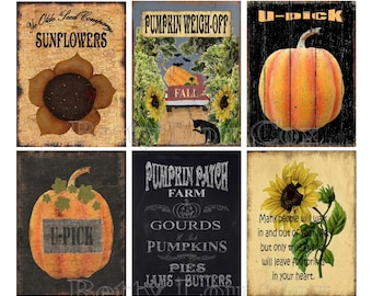 May include: Six vintage-style signs with fall themes. The signs feature pumpkins, sunflowers, and the text "U-Pick", "Pumpkin Weigh-Off", "Pumpkin Patch Farm", "Gourds", "Pumpkins", "Pies", "Jams + Butters", and "Many people will walk in and out of your life, but only true friends will leave footprints in your heart."