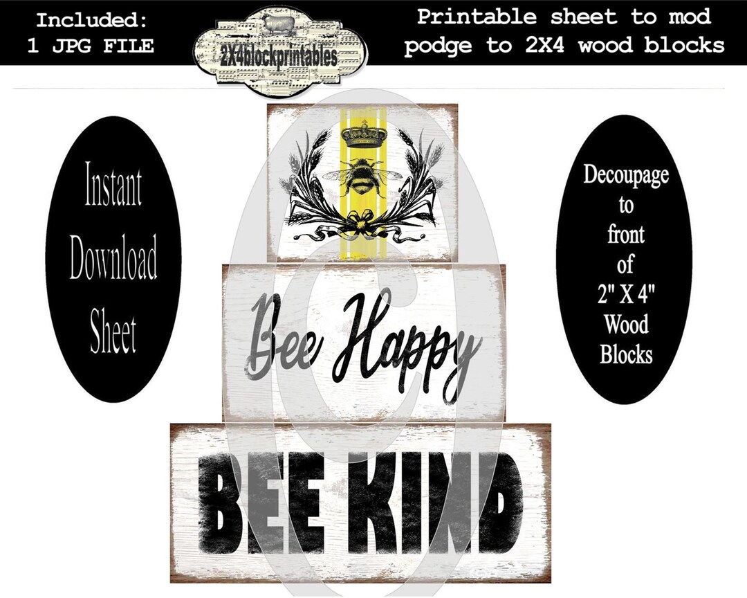 Bee Block Sign Bee Printable , Instant Download , Grain Sack , French Country , Wood ...