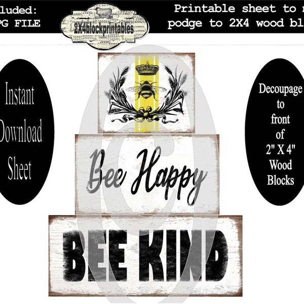 Bee printable , Instant Download , Grain Sack , French Country , wood sign , 2X4 Blocks , Digital Jpg , Farmhouse , Cottage Chic , DIY