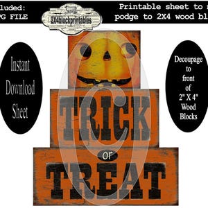 Könnte beinhalten: Ein digitaler Download-Bogen für Halloween-Bastelarbeiten. Das Design zeigt ein Kürbisgesicht auf einem Holzblock mit den Worten "TRICK OR TREAT" in großen Buchstaben. Das Blatt ist für das Aufkleben auf 5,08 cm x 10,16 cm Holzblöcke konzipiert.