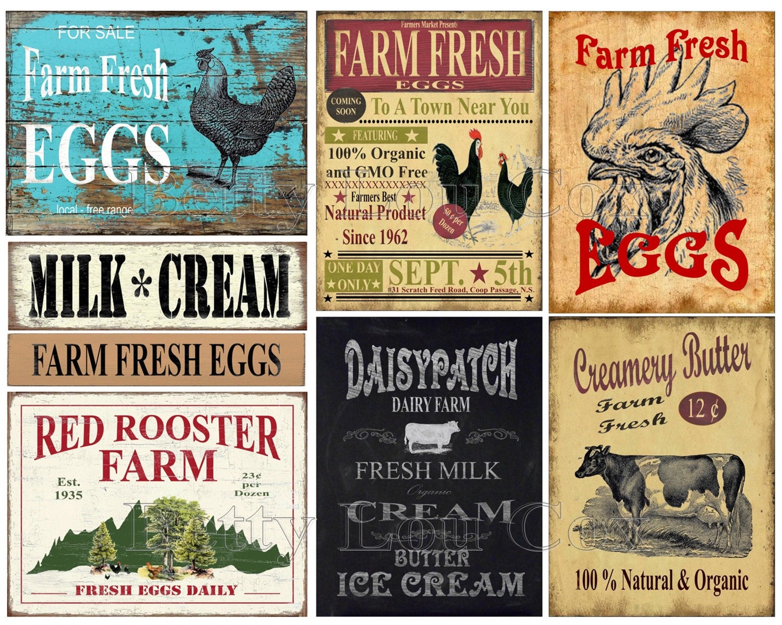 No.006 Rooster Labels , Hen , Cow , Primitive Cards for Pantry Jars ...