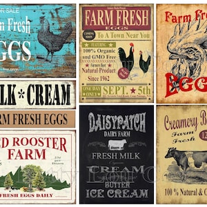 Rooster Labels , Hen , Cow , Primitive Cards for pantry jars cans crocks bottles tins boxes , Junk Journal , Digital , Eggs , Tags  Stickers