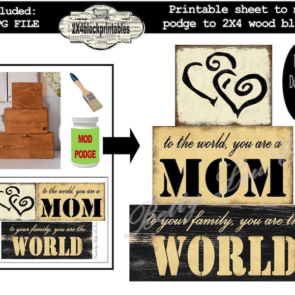 Mom Printable to decoupage to 2X4 wooden blocks , great Mothers Day gift , DIY craft project , craft fair idea , to the world you are a Mom