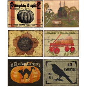Etiquetas primitivas de otoño, calabazas, caja de sal de girasol, casa, cuervo gato para frascos de despensa, latas, botellas, cajas de latas, Halloween, diario basura