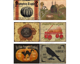 No.018 Primitive Fall Labels , Pumpkins Sunflower Salt Box House Cat Crow for pantry jars cans bottles tins boxes , Halloween , Junk Journal