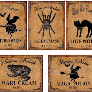 Primitive Fall Labels , Witch Black Cat Spider Frog for pantry jars cans crocks bottles tins boxes , Halloween , Junk Journal , Scrapbooking