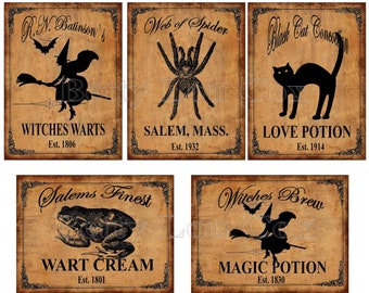 May include: Five vintage-style Halloween potion bottle labels. The labels feature illustrations of a witch on a broomstick, a spider, a black cat, a toad, and a witch on a broomstick. The labels have text that reads "Witches Warts", "Salem, Mass", "Love Potion", "Wart Cream", and "Magic Potion".