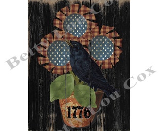 Amerikaanse print, primitieve zonnebloem kunst aan de muur, digitaal, kussenoverdracht, etiketten, theedoeken, download, rood wit en blauw, rustiek