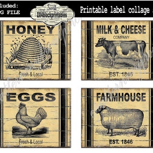 Afdrukbare labels, primitieve download, koe bijenkorf schapen eieren voor voorraadpotten blikjes crocks flessen blikken dozen, opstrijkbare transfer boerderij