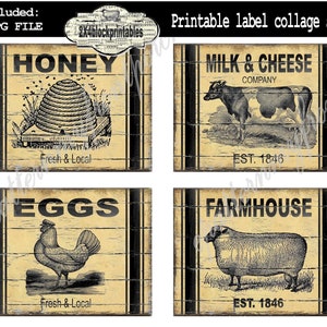 Labels Printable , Primitive Download , Cow Bee Hive Sheep Eggs for pantry jars cans crocks bottles tins boxes , iron on transfer farmhouse