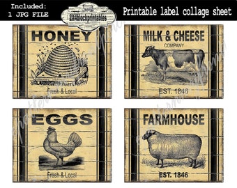 Labels Printable , Primitive Download , Cow Bee Hive Sheep Eggs for pantry jars cans crocks bottles tins boxes , iron on transfer farmhouse