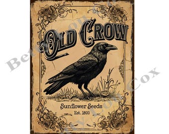 Crow Print , Primitive Panty Labels , Printable Wall Art , Rustic Farmhouse , Card Making , Framing , Pillow Transfer , DIY Gift  Mod Podge