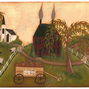 Saltbox Print , Folk Art , Primitive Instant Download , Digital Jpg , Church , Fall , Pumpkins , Autumn , Card Making , Journaling , Tags