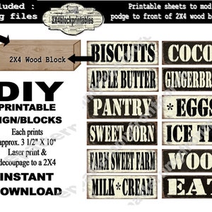 Op de afbeelding: Printbare etiketten voor 2x4 houten blokken. De etiketten hebben een verweerde, vintage uitstraling met witte letters op een zwarte achtergrond. De etiketten bevatten woorden als "Koekjes", "Cacao", "Appelmoes", "Peperkoek", "Voorraadkast", "Eieren", "Zoete maïs", "IJsthee", "Boerderij Zoete Boerderij", "Wol", "Melkroom" en "Eten".