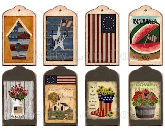Americana Tags Printable , Primitive Download , America , American , Digital , Folk Art , Prim , Flag , Tag , Junk Journal , Scrapbooking
