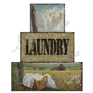 May include: A three-panel decorative sign with a rustic laundry theme. The top panel shows white laundry hanging on a clothesline. The middle panel has the word "LAUNDRY" in large black letters. The bottom panel depicts a laundry basket in a field.