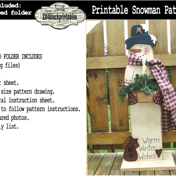 Snowman wood pattern , instant download , primitive , painting , rustic , DIY , printable , large porch pal , e-pattern , beginner , prim