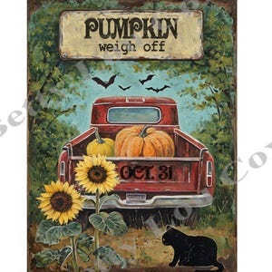 Imprimé citrouilles, ferme, chat noir, tournesols, camionnette, carte de voeux, étiquettes, créations en papier, téléchargement immédiat, Halloween